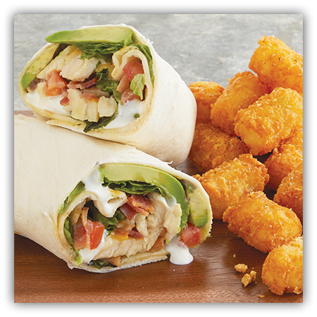 Avocado wrap and tater tots